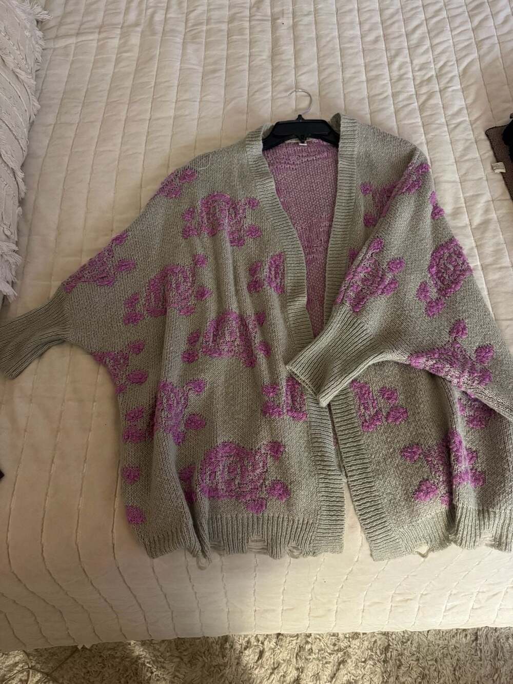 Sweaterland Open-Front Distressed Floral Cardigan